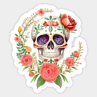 Pink Floral Dia De Los Muertos Sugar Skull Sticker